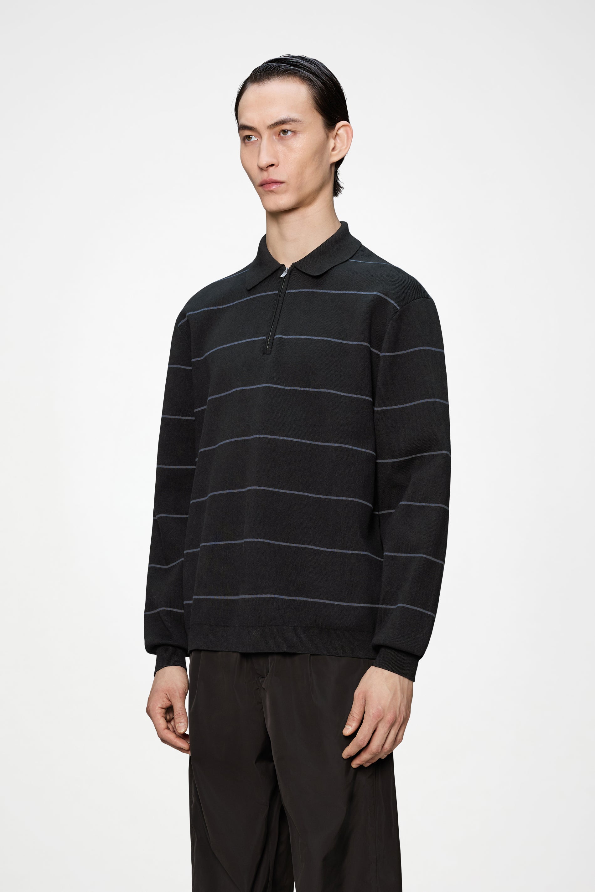RAINS Striped Knit Long Sleeve Polo Black Long Sleeve