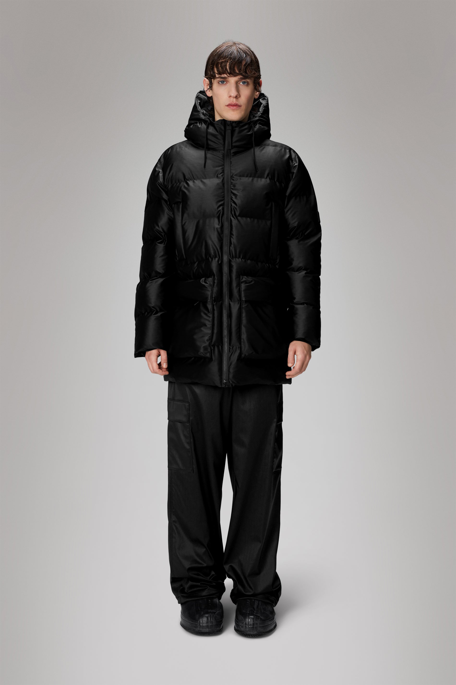 RAINS Alta Long Puffer Cargo Jacket Black Grain Jacket