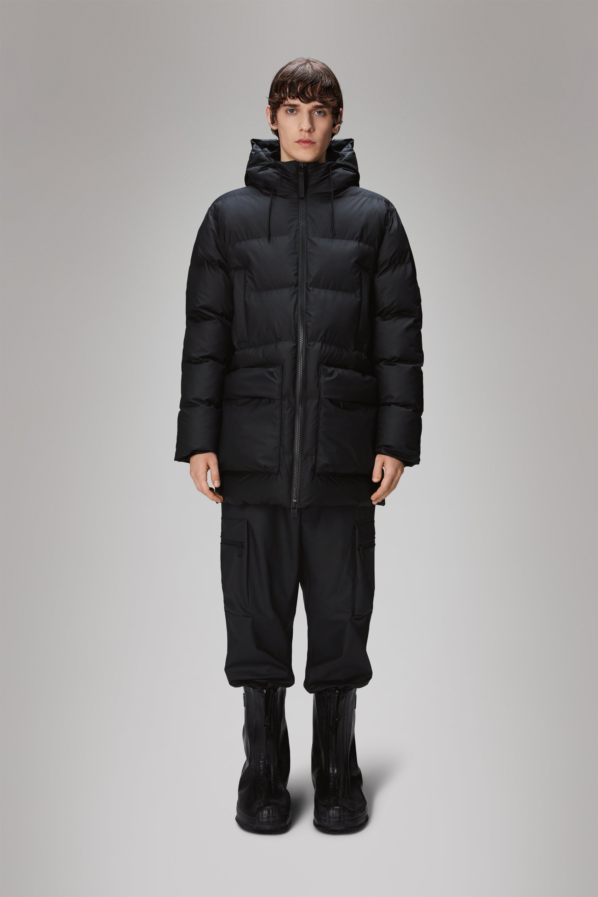 RAINS Alta Long Puffer Cargo Jacket Black Jacket