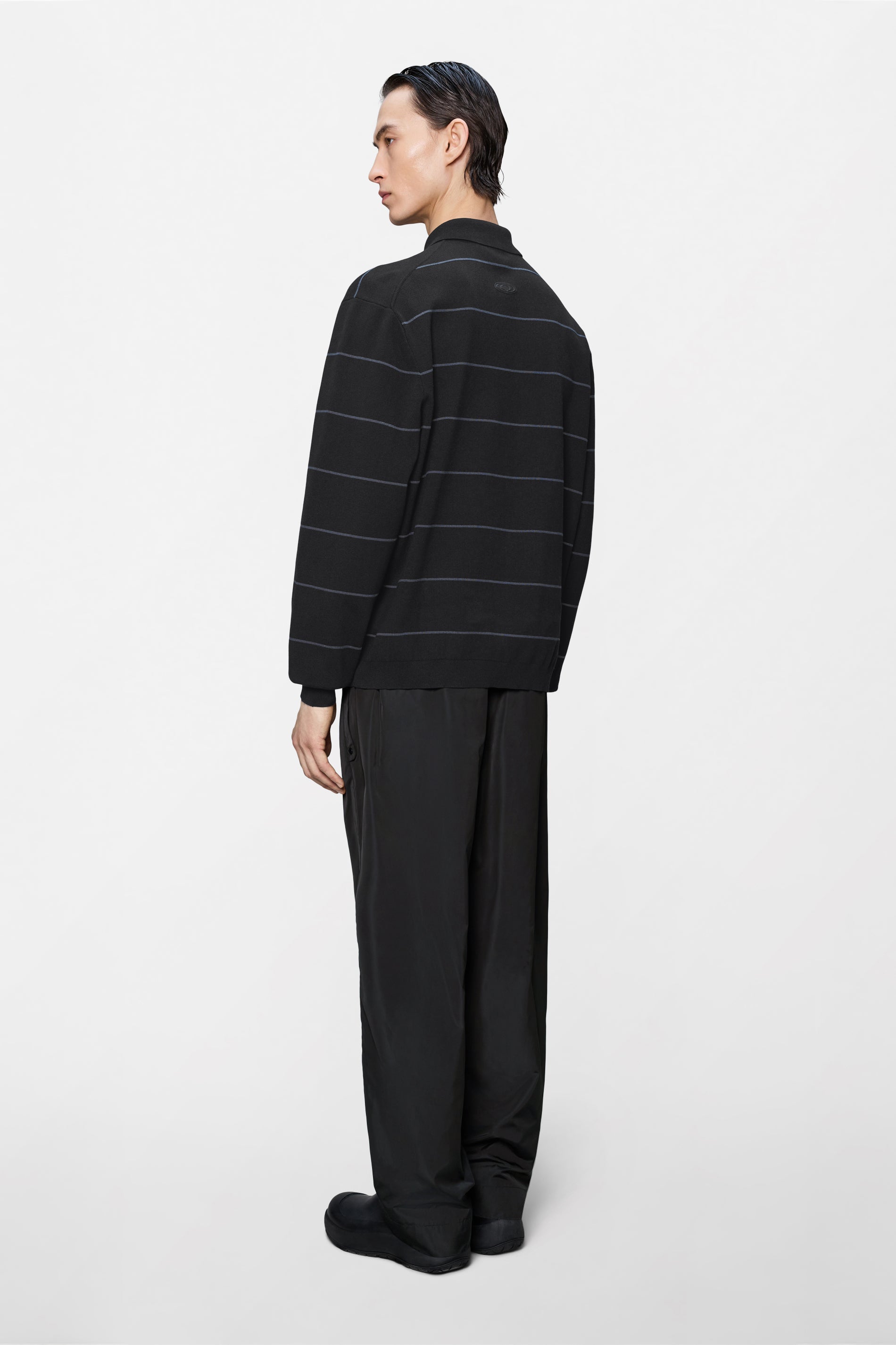 RAINS Striped Knit Long Sleeve Polo Black Long Sleeve