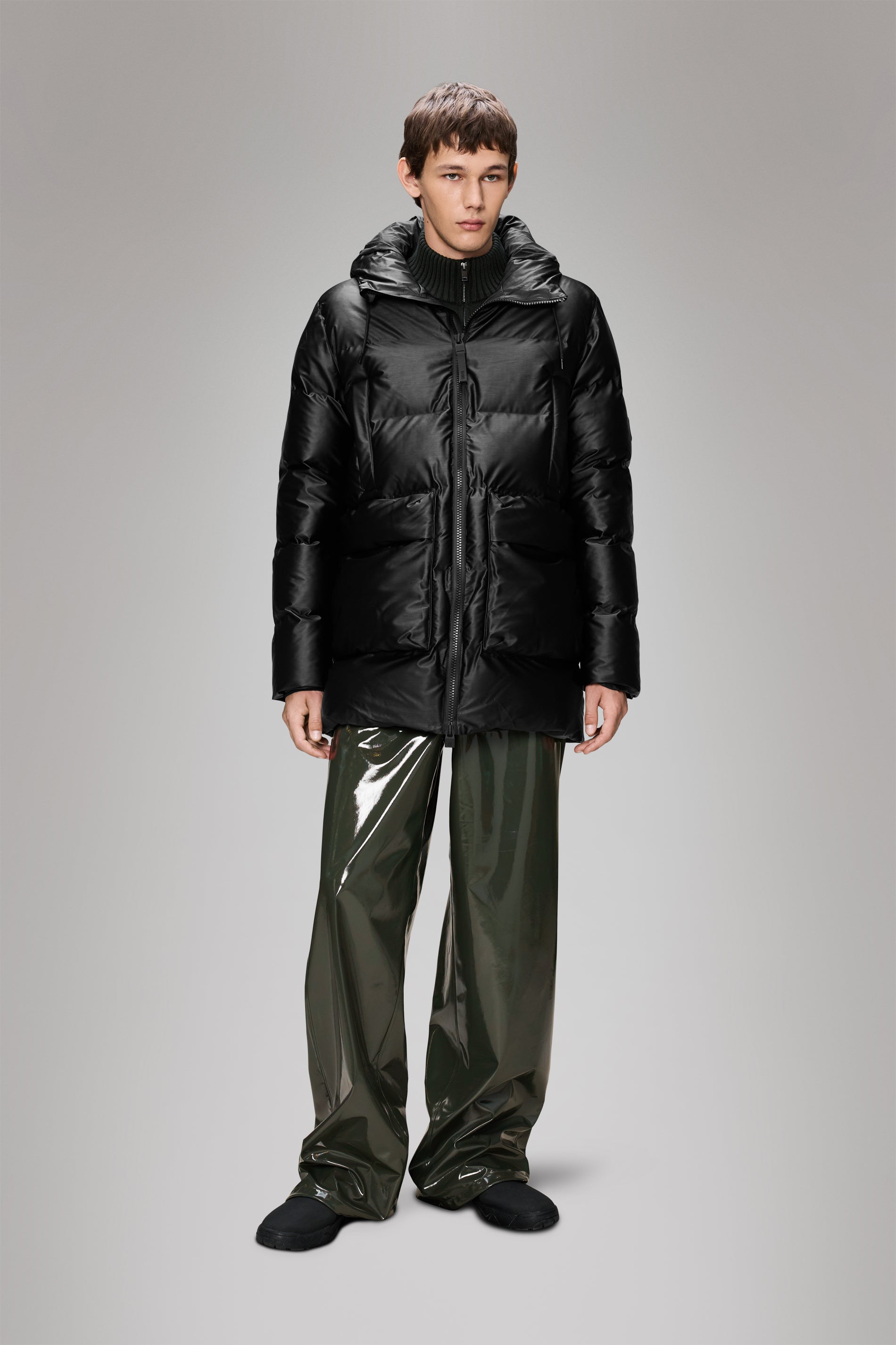 RAINS Alta Long Puffer Cargo Jacket Black Grain Jacket