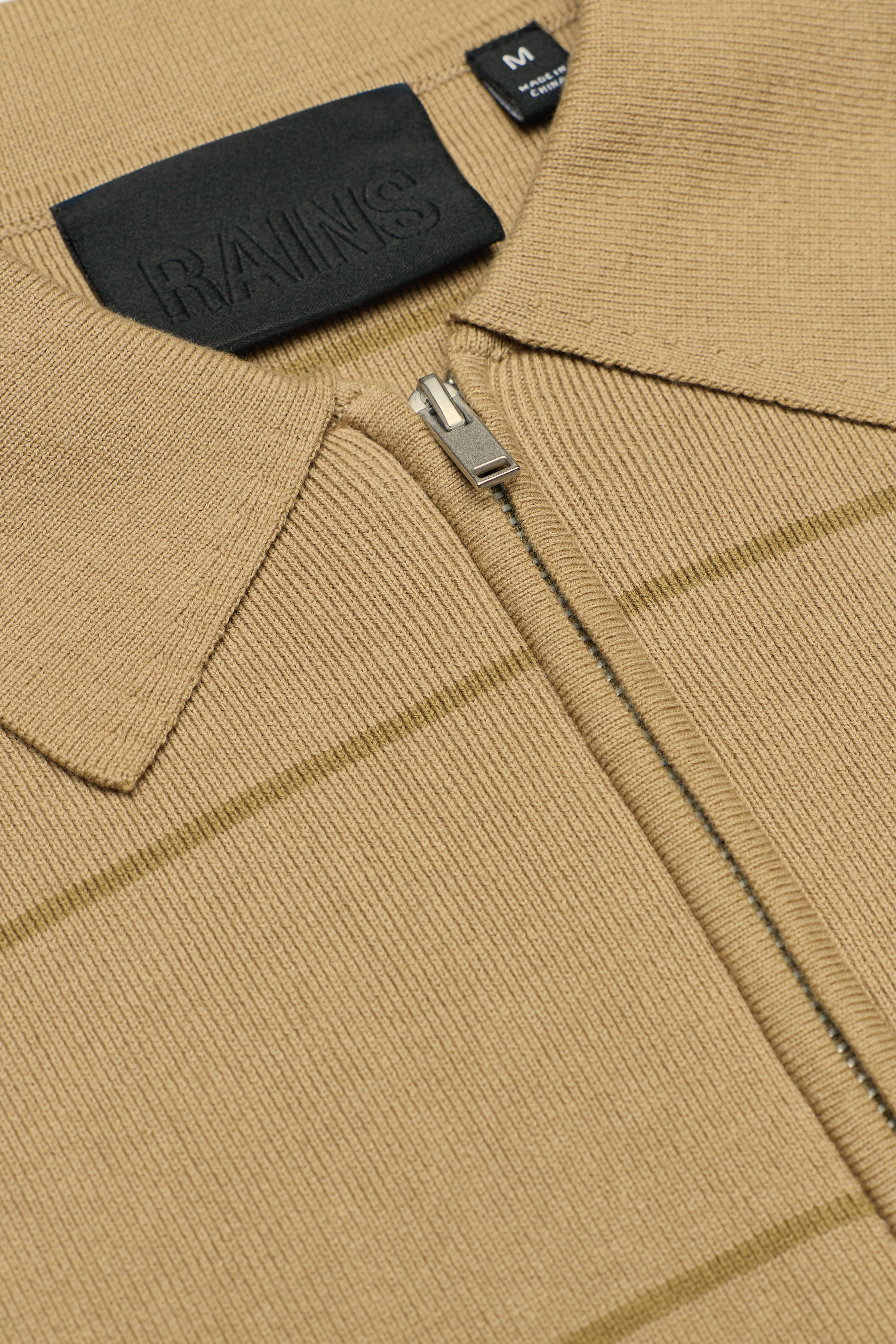 RAINS Striped Knit Long Sleeve Polo Fawn Long Sleeve