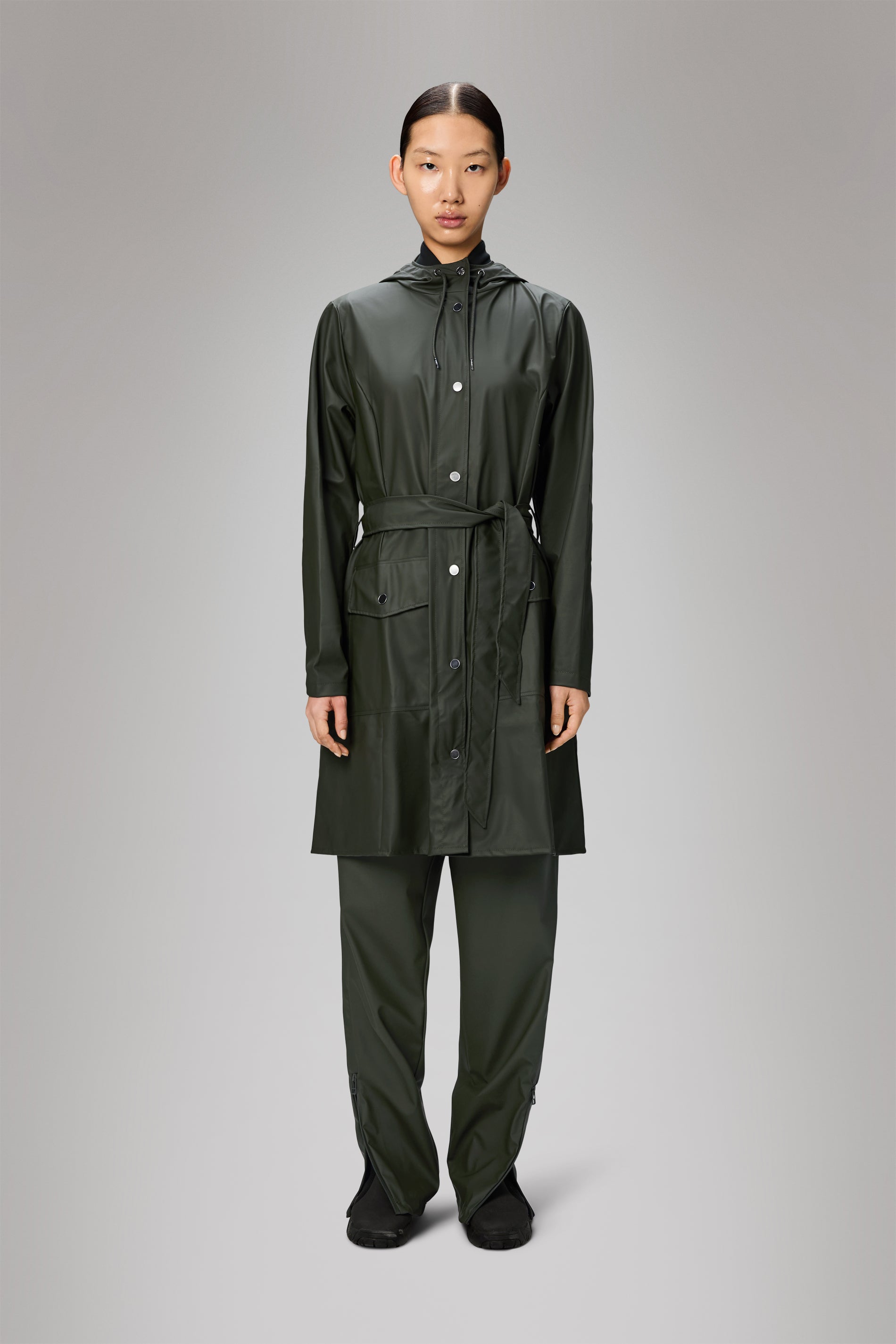 Rains Curve Long Jacket
 Green Jacket
