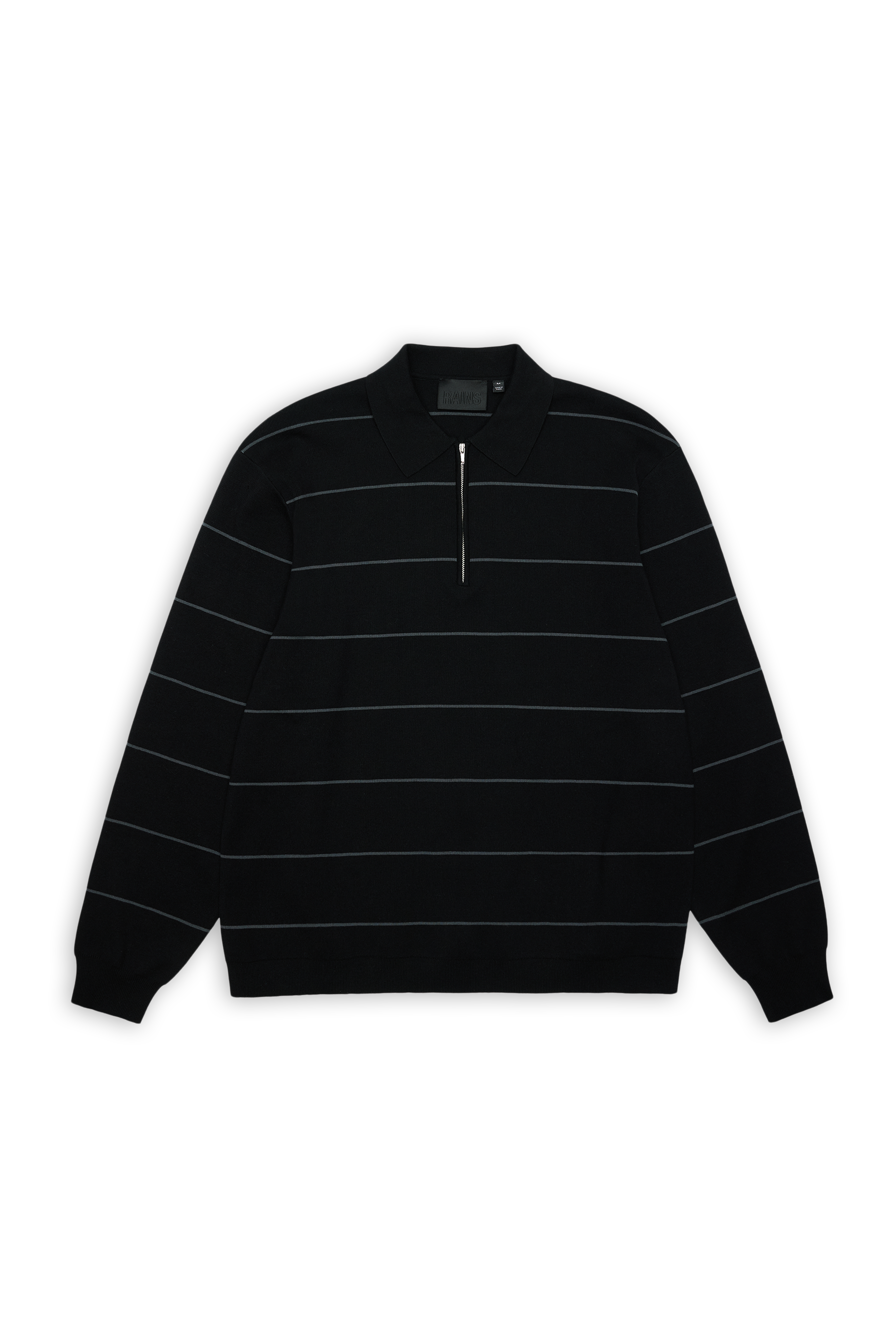 RAINS Striped Knit Long Sleeve Polo Black Long Sleeve